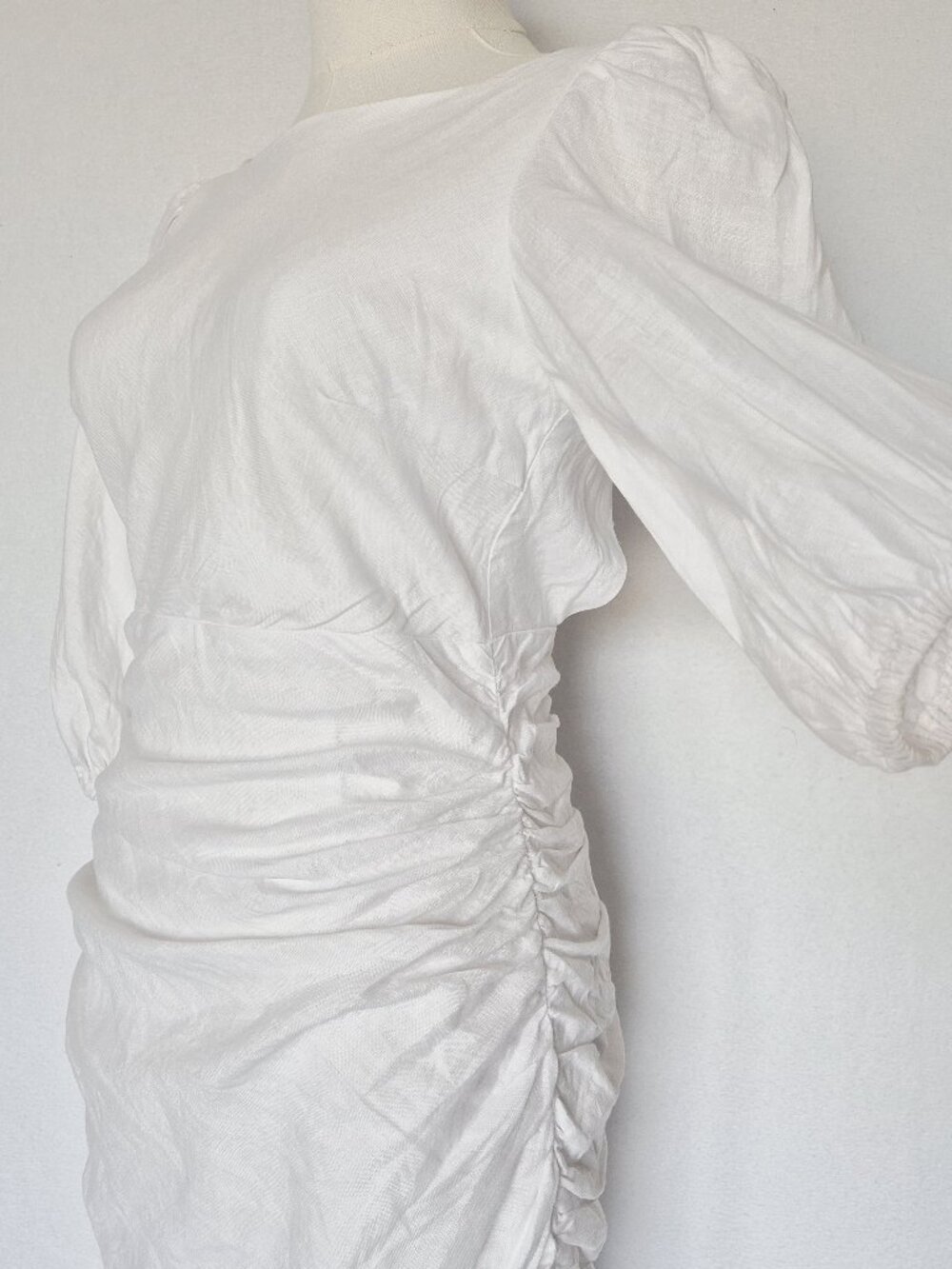 Showpo. 100% Linen Puff Sleeves Ruched Sexy Open Back Mini Dress White - Picture 7 of 16